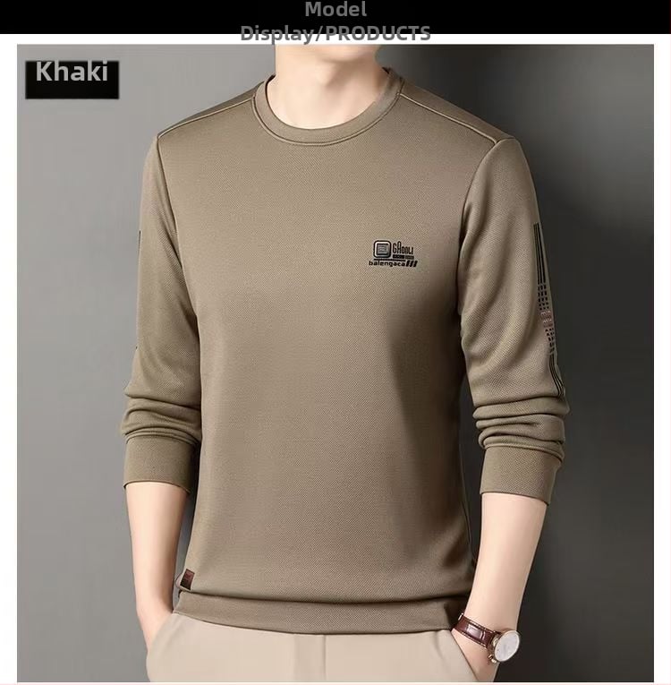 Meeste pikkade varrukatega T-särk fleecevoodriga, ringikujuline kaelus, puuvilla-poliester segu, kevad 2025