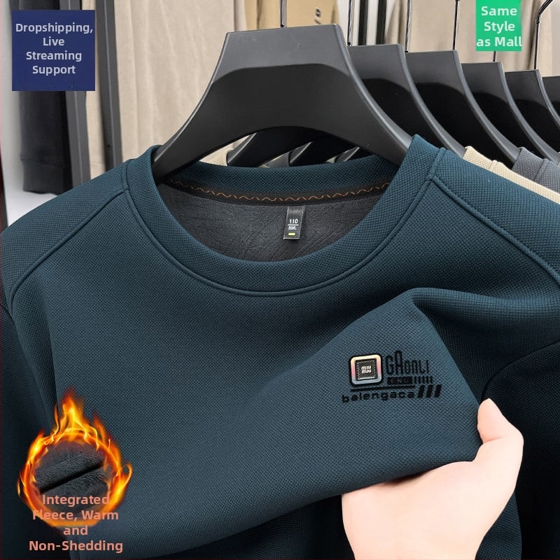 Meeste pikkade varrukatega T-särk fleecevoodriga, ringikujuline kaelus, puuvilla-poliester segu, kevad 2025