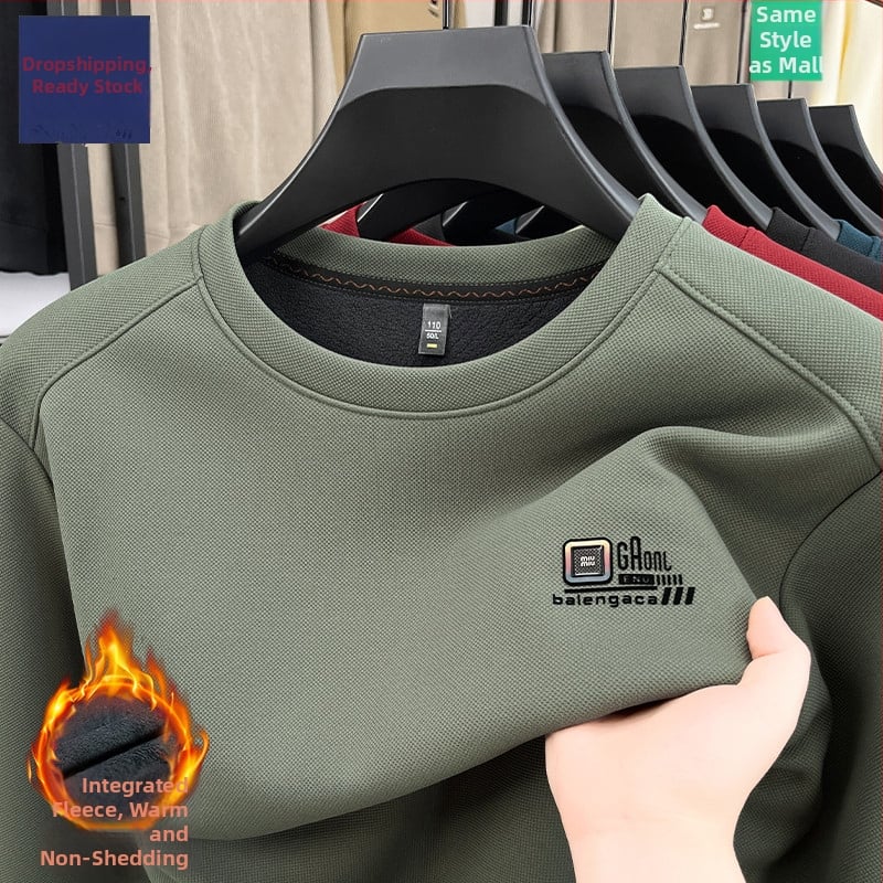 Meeste pikkade varrukatega T-särk fleecevoodriga, ringikujuline kaelus, puuvilla-poliester segu, kevad 2025