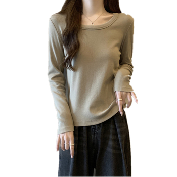 Női hosszú ujjú felső U-nyakkal, bordázott anyag, karcsú szabás, japán-koreai lazább stílus, ősz 2023