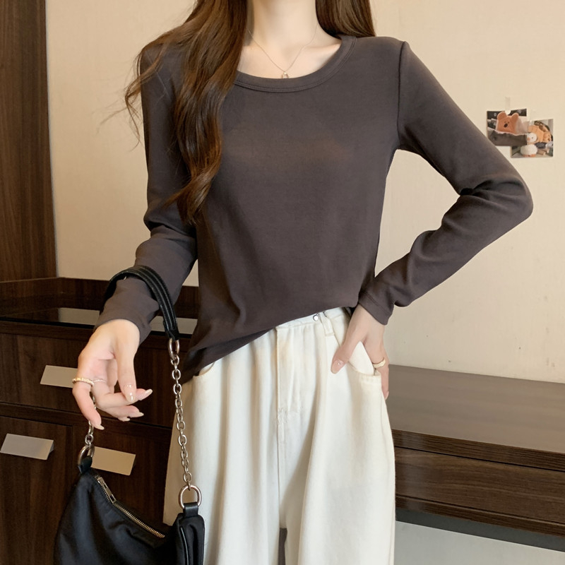 Női hosszú ujjú felső U-nyakkal, bordázott anyag, karcsú szabás, japán-koreai lazább stílus, ősz 2023