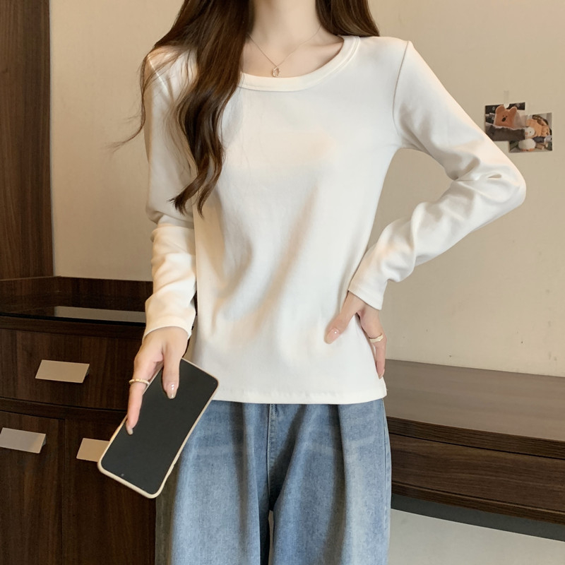 Női hosszú ujjú felső U-nyakkal, bordázott anyag, karcsú szabás, japán-koreai lazább stílus, ősz 2023