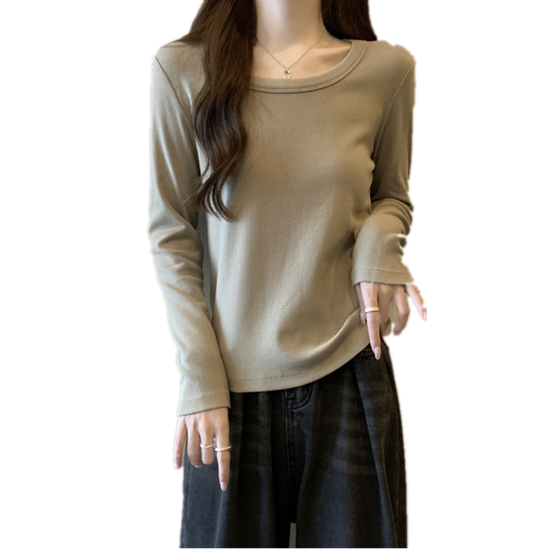 Női hosszú ujjú felső U-nyakkal, bordázott anyag, karcsú szabás, japán-koreai lazább stílus, ősz 2023