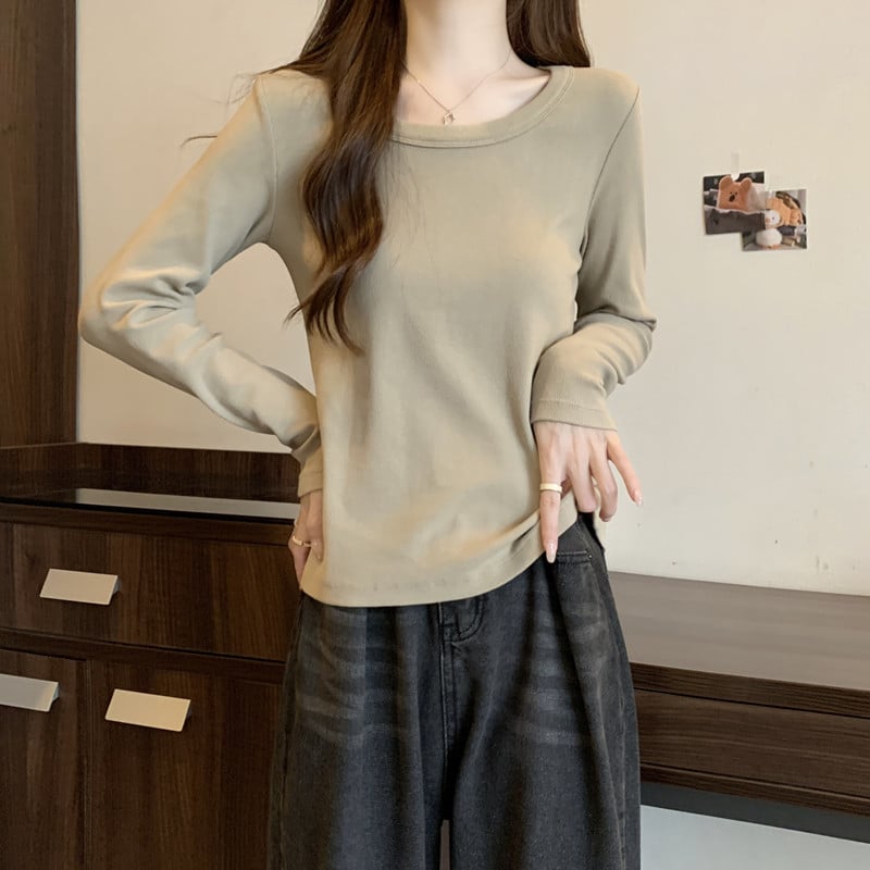 Női hosszú ujjú felső U-nyakkal, bordázott anyag, karcsú szabás, japán-koreai lazább stílus, ősz 2023