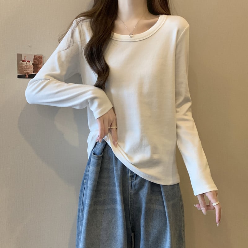 Női hosszú ujjú felső U-nyakkal, bordázott anyag, karcsú szabás, japán-koreai lazább stílus, ősz 2023