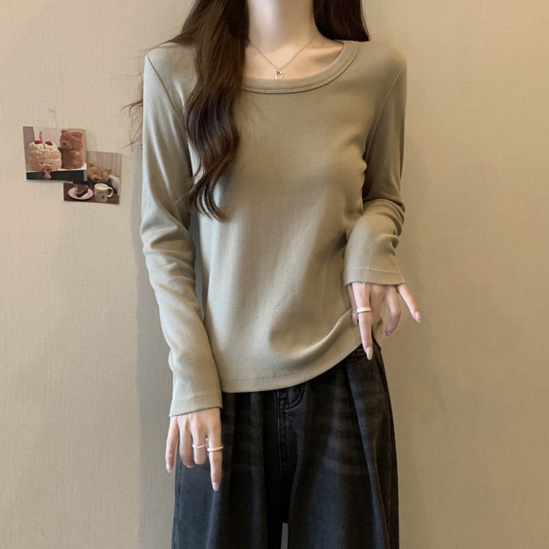 Női hosszú ujjú felső U-nyakkal, bordázott anyag, karcsú szabás, japán-koreai lazább stílus, ősz 2023