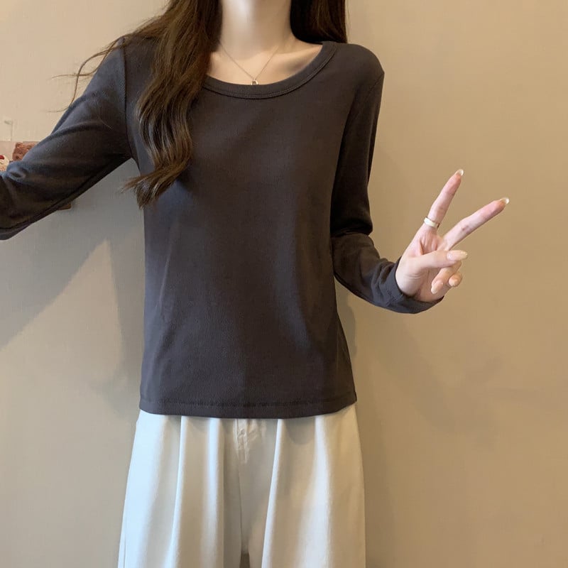 Női hosszú ujjú felső U-nyakkal, bordázott anyag, karcsú szabás, japán-koreai lazább stílus, ősz 2023