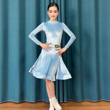 Детски латински танцов костюм от бархат със V-образно деколте, дълъг ръкав, разделен комплект