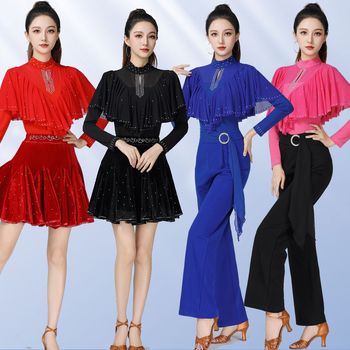 Дамски танцов топ за квадратни и модерни танци с кристални камъни, стойка яка, дълги ръкави – Hemp плат с 50% спандекс