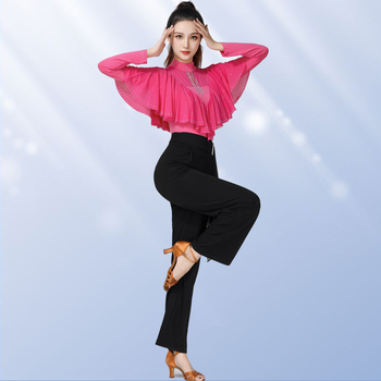 Дамски танцов топ за квадратни и модерни танци с кристални камъни, стойка яка, дълги ръкави – Hemp плат с 50% спандекс