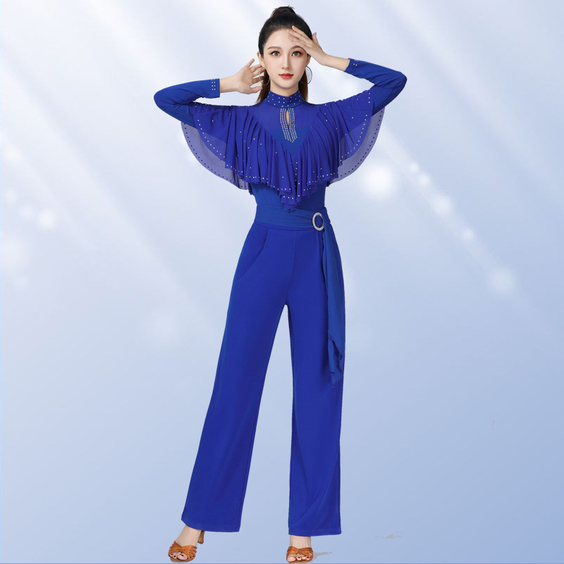 Дамски танцов топ за квадратни и модерни танци с кристални камъни, стойка яка, дълги ръкави – Hemp плат с 50% спандекс