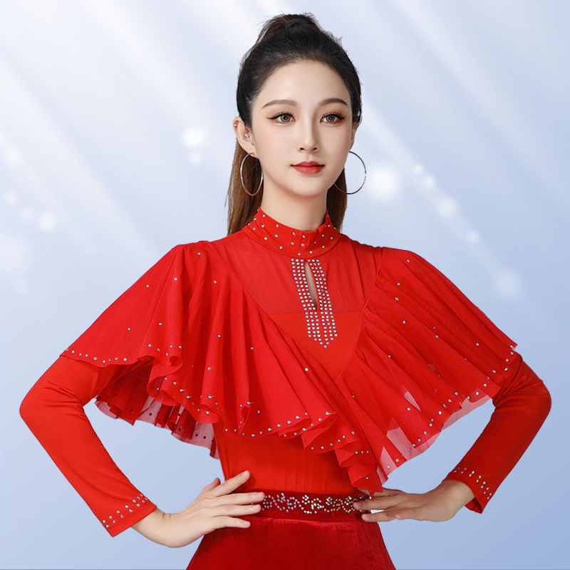 Дамски танцов топ за квадратни и модерни танци с кристални камъни, стойка яка, дълги ръкави – Hemp плат с 50% спандекс