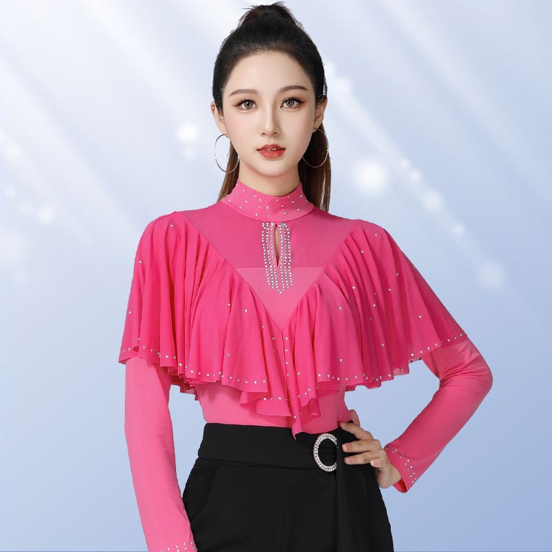 Дамски танцов топ за квадратни и модерни танци с кристални камъни, стойка яка, дълги ръкави – Hemp плат с 50% спандекс