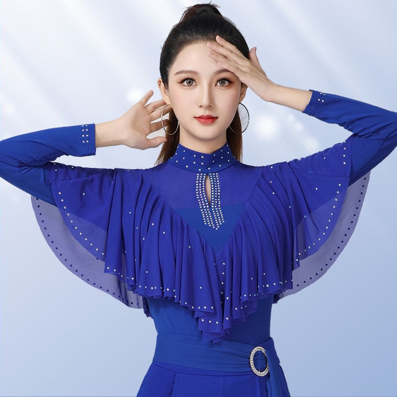 Дамски танцов топ за квадратни и модерни танци с кристални камъни, стойка яка, дълги ръкави – Hemp плат с 50% спандекс