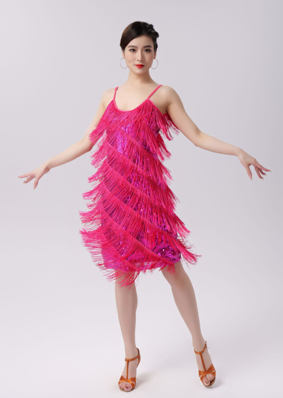 Sievietes latīņu deju kleita ar sequinēm un pūcēm – sietveidīgs audums ar sequinēm, 95% poliesters, 5% elastāns, pavasaris 2023