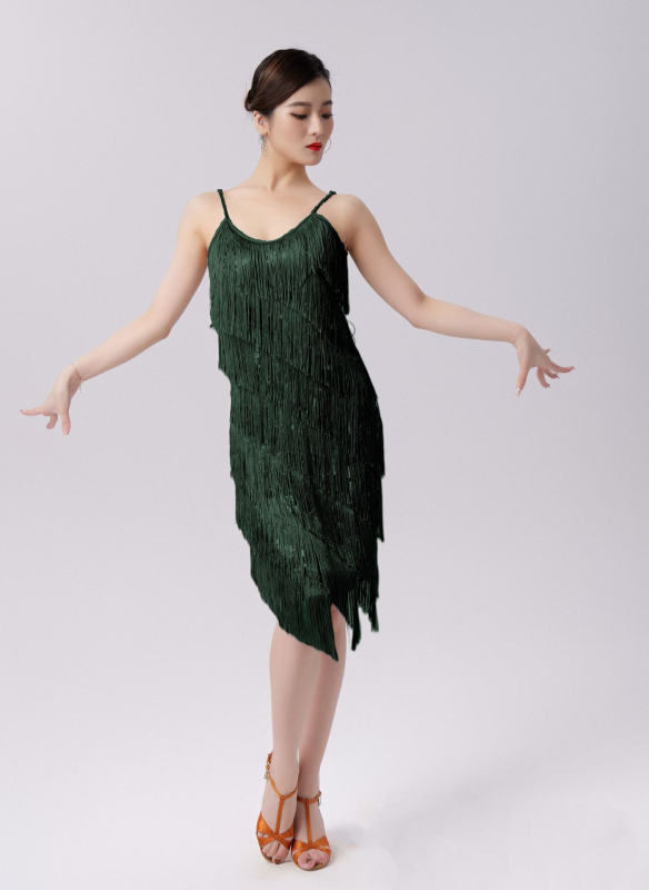 Sievietes latīņu deju kleita ar sequinēm un pūcēm – sietveidīgs audums ar sequinēm, 95% poliesters, 5% elastāns, pavasaris 2023