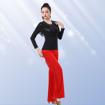 Дамски танцов топ с ресни и пайети, кръгло деколте, дълги ръкави, коприна от Южна Корея със 5% спандекс