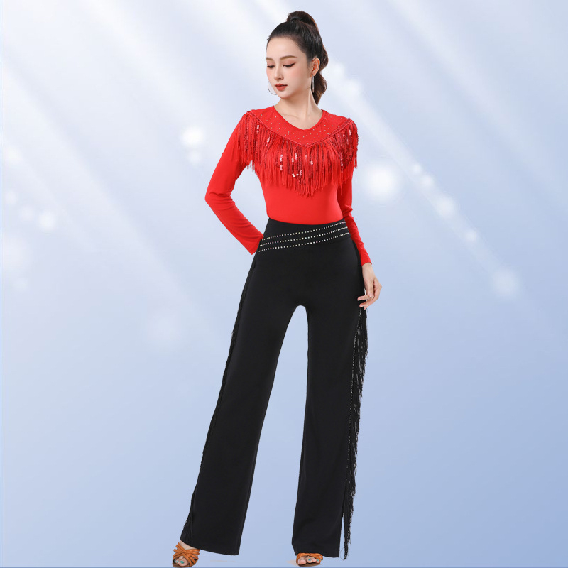Дамски танцов топ с ресни и пайети, кръгло деколте, дълги ръкави, коприна от Южна Корея със 5% спандекс