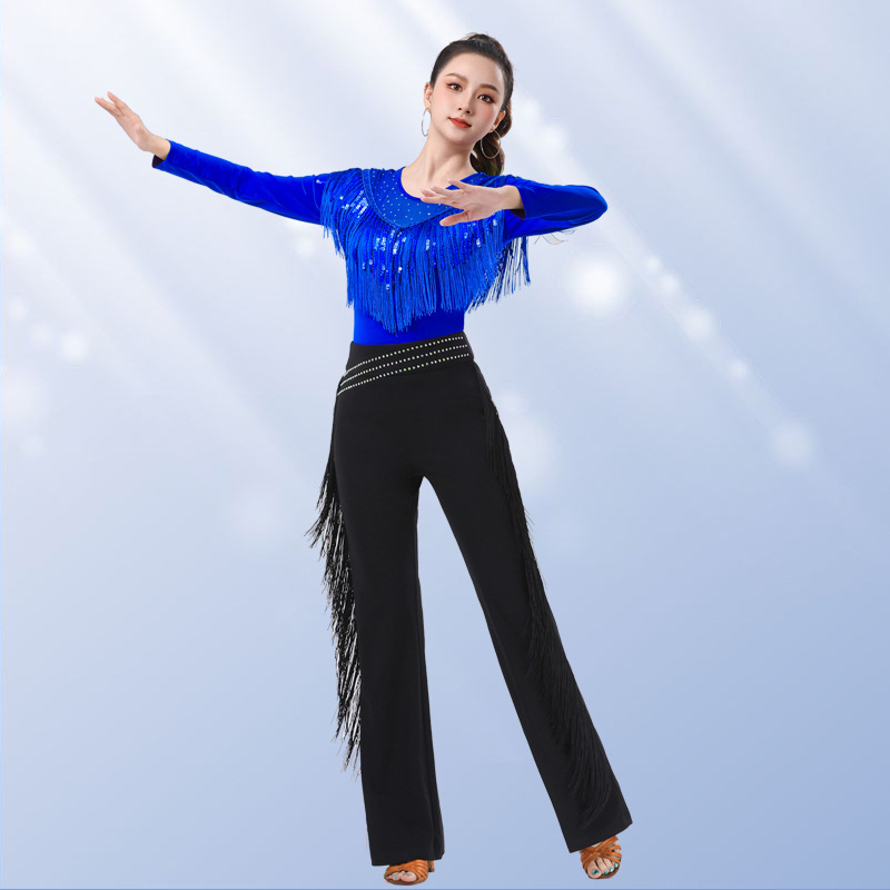 Дамски танцов топ с ресни и пайети, кръгло деколте, дълги ръкави, коприна от Южна Корея със 5% спандекс