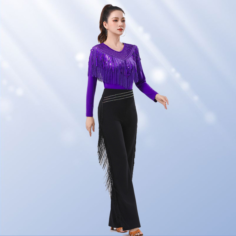 Дамски танцов топ с ресни и пайети, кръгло деколте, дълги ръкави, коприна от Южна Корея със 5% спандекс