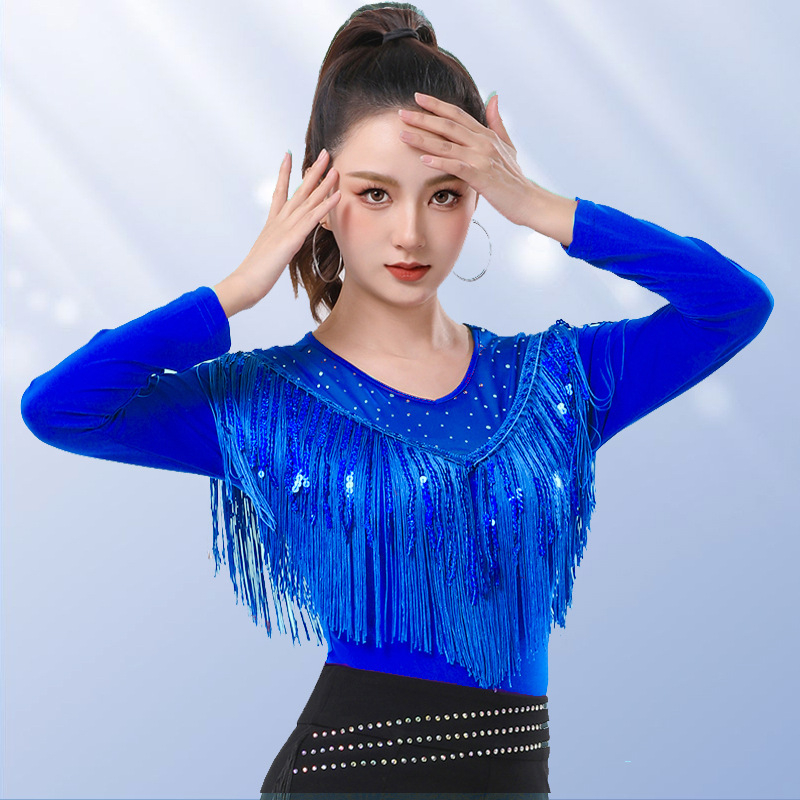 Дамски танцов топ с ресни и пайети, кръгло деколте, дълги ръкави, коприна от Южна Корея със 5% спандекс