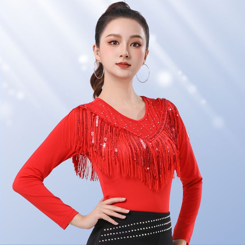 Дамски танцов топ с ресни и пайети, кръгло деколте, дълги ръкави, коприна от Южна Корея със 5% спандекс