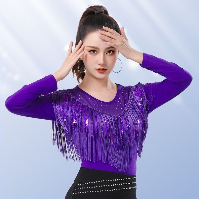 Дамски танцов топ с ресни и пайети, кръгло деколте, дълги ръкави, коприна от Южна Корея със 5% спандекс