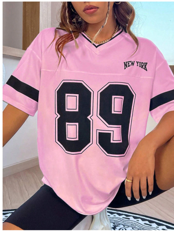 Μπλούζα T-shirt με χαλαρή γραμμή, V-λαιμό, εκτύπωση με γράμματα, πολυεστέρας