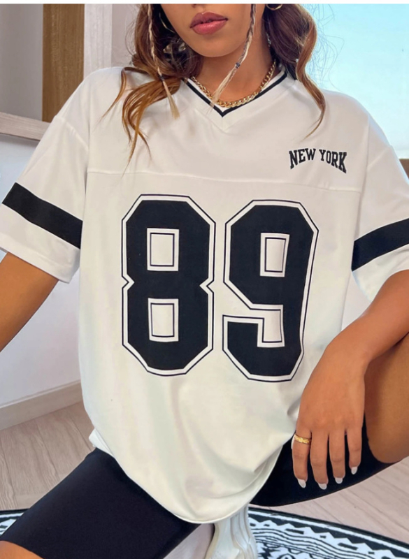 Μπλούζα T-shirt με χαλαρή γραμμή, V-λαιμό, εκτύπωση με γράμματα, πολυεστέρας