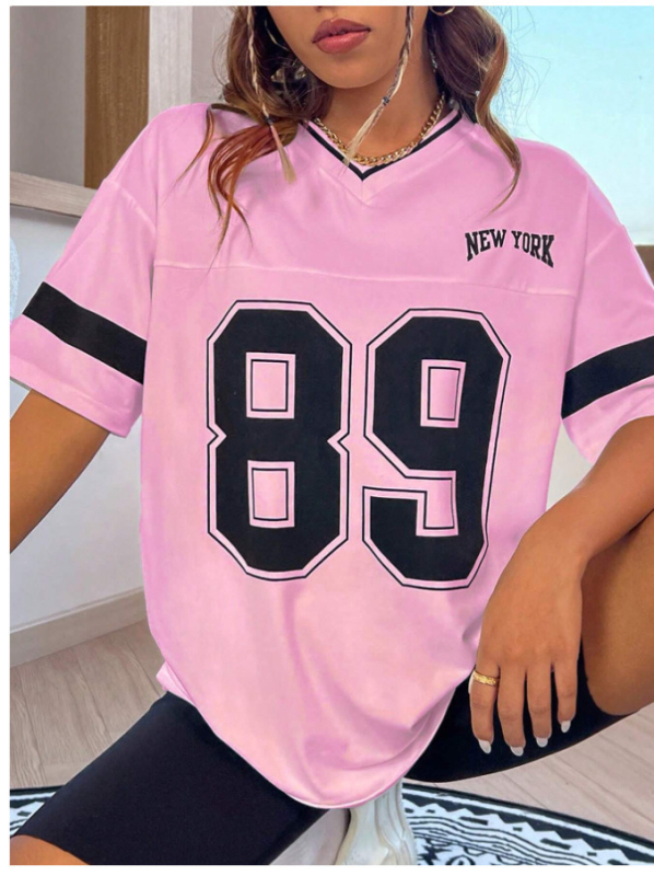 Μπλούζα T-shirt με χαλαρή γραμμή, V-λαιμό, εκτύπωση με γράμματα, πολυεστέρας