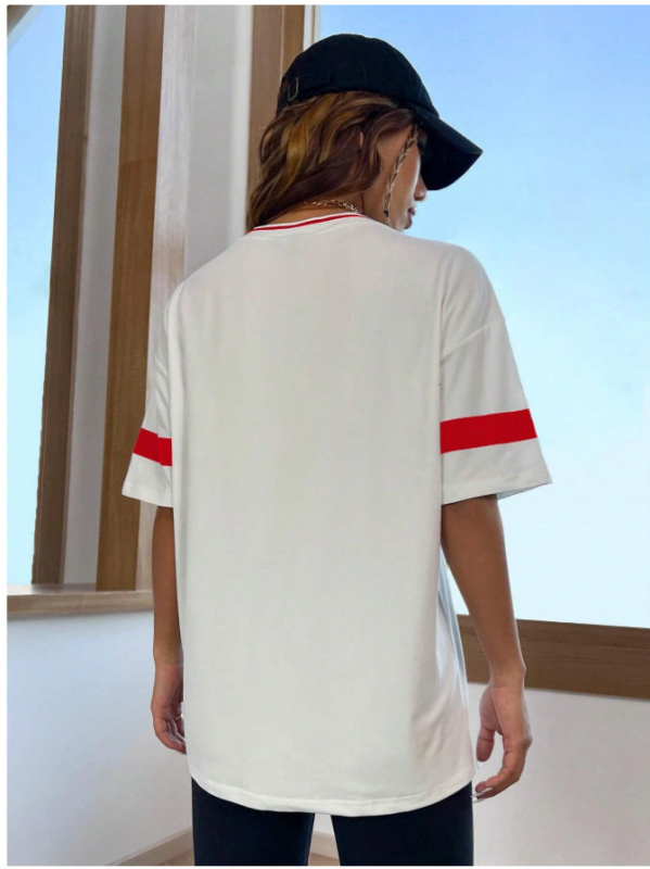 Μπλούζα T-shirt με χαλαρή γραμμή, V-λαιμό, εκτύπωση με γράμματα, πολυεστέρας