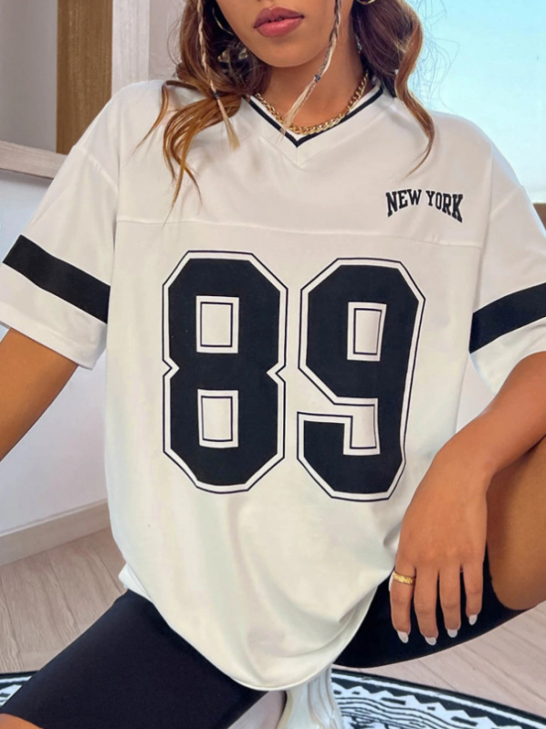 Μπλούζα T-shirt με χαλαρή γραμμή, V-λαιμό, εκτύπωση με γράμματα, πολυεστέρας