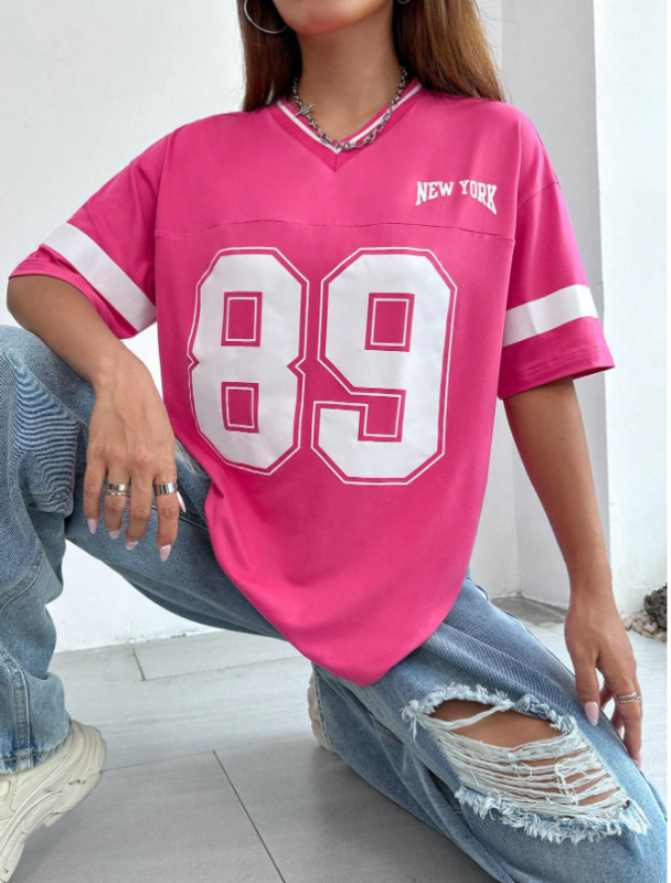 Μπλούζα T-shirt με χαλαρή γραμμή, V-λαιμό, εκτύπωση με γράμματα, πολυεστέρας