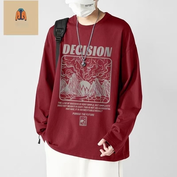 Meeste koreapärase stiili T-särk, ümmarguse kaeluse ja pikkade varrukatega, karikatüütrükk, sügis 2025 väljaanne.