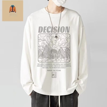 Meeste koreapärase stiili T-särk, ümmarguse kaeluse ja pikkade varrukatega, karikatüütrükk, sügis 2025 väljaanne.