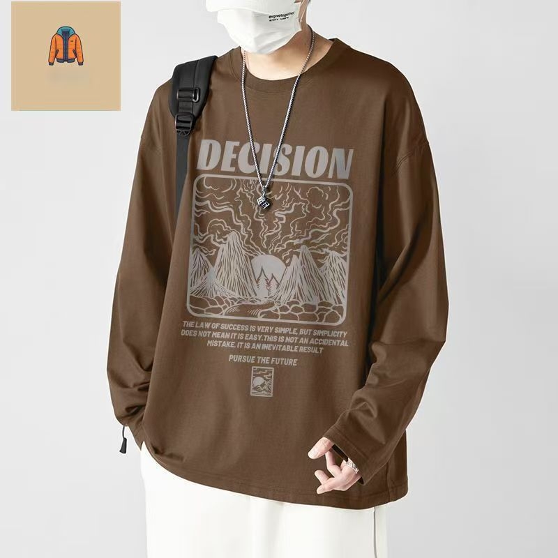 Meeste koreapärase stiili T-särk, ümmarguse kaeluse ja pikkade varrukatega, karikatüütrükk, sügis 2025 väljaanne.