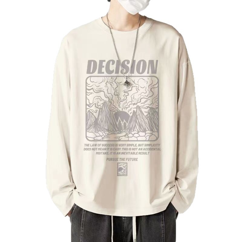 Meeste koreapärase stiili T-särk, ümmarguse kaeluse ja pikkade varrukatega, karikatüütrükk, sügis 2025 väljaanne.