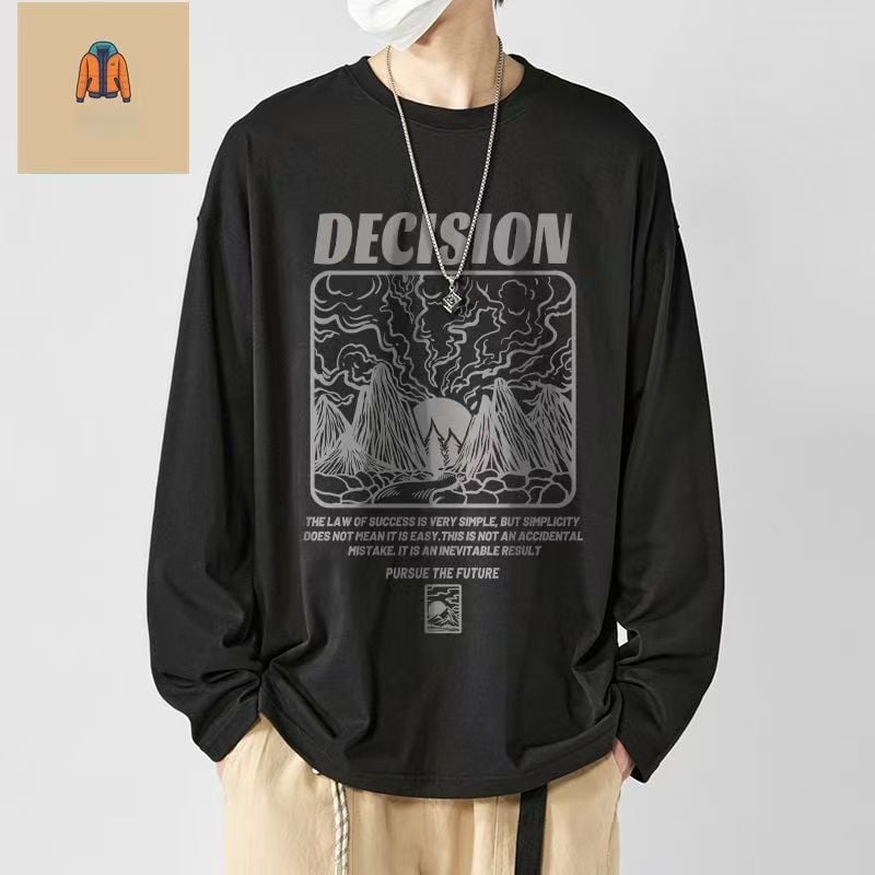 Meeste koreapärase stiili T-särk, ümmarguse kaeluse ja pikkade varrukatega, karikatüütrükk, sügis 2025 väljaanne.