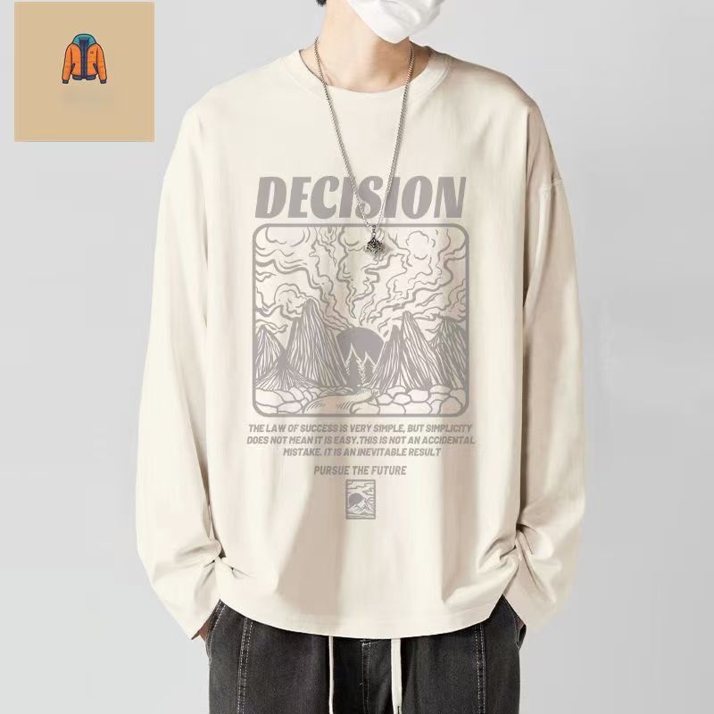 Meeste koreapärase stiili T-särk, ümmarguse kaeluse ja pikkade varrukatega, karikatüütrükk, sügis 2025 väljaanne.