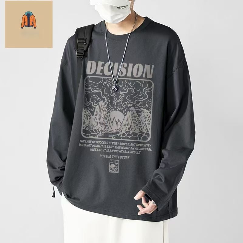 Meeste koreapärase stiili T-särk, ümmarguse kaeluse ja pikkade varrukatega, karikatüütrükk, sügis 2025 väljaanne.