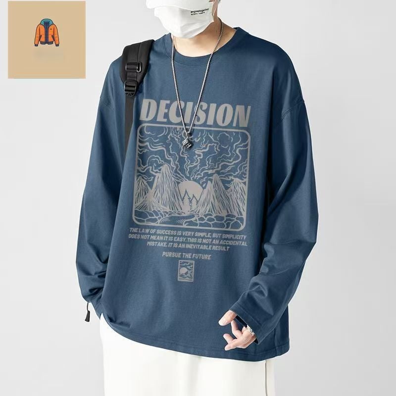 Meeste koreapärase stiili T-särk, ümmarguse kaeluse ja pikkade varrukatega, karikatüütrükk, sügis 2025 väljaanne.