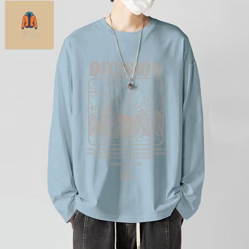 Meeste koreapärase stiili T-särk, ümmarguse kaeluse ja pikkade varrukatega, karikatüütrükk, sügis 2025 väljaanne.