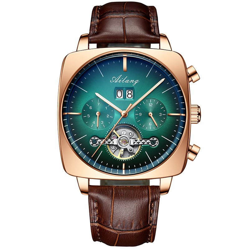 Ceas mecanic skeleton Tourbillon pătrat, automat, cu calendar, cadran luminos, rezistent la apă 30 m