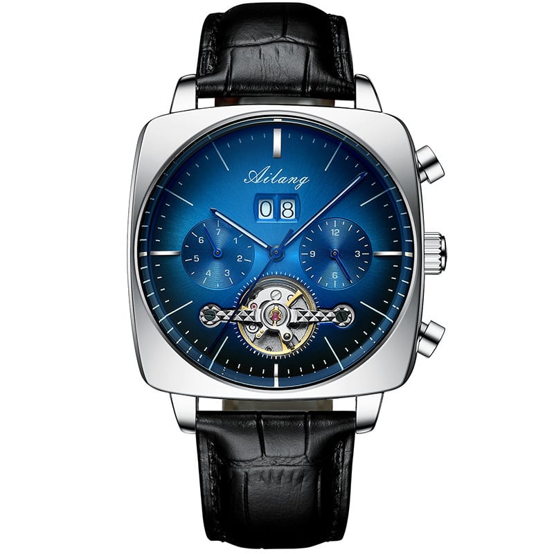 Ceas mecanic skeleton Tourbillon pătrat, automat, cu calendar, cadran luminos, rezistent la apă 30 m