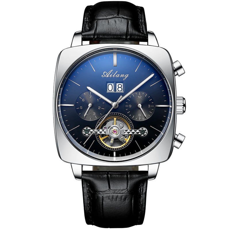 Ceas mecanic skeleton Tourbillon pătrat, automat, cu calendar, cadran luminos, rezistent la apă 30 m