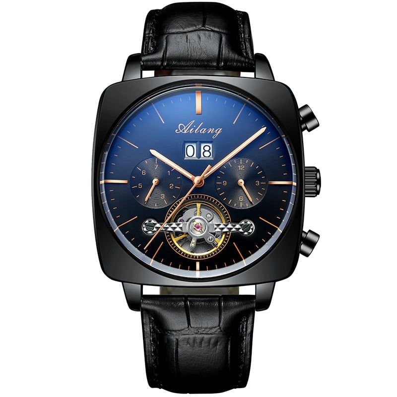 Ceas mecanic skeleton Tourbillon pătrat, automat, cu calendar, cadran luminos, rezistent la apă 30 m