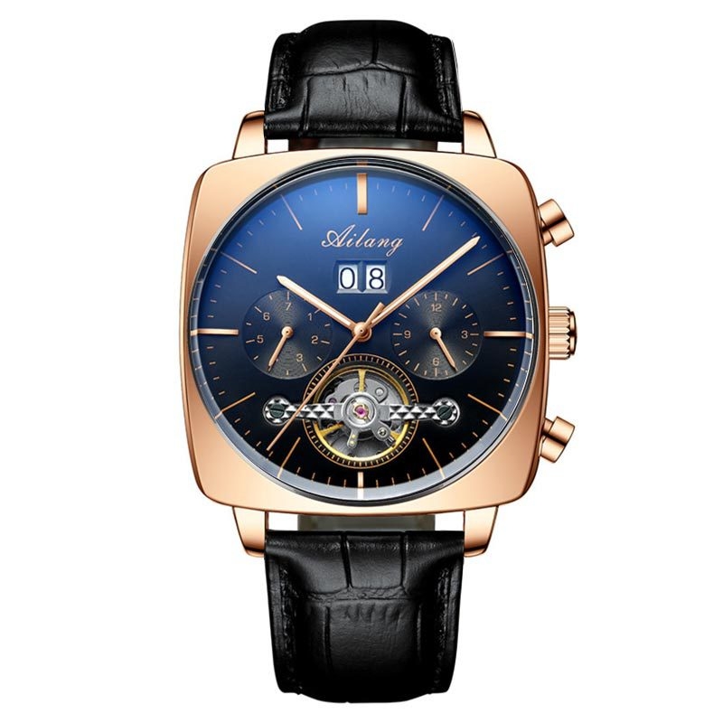 Ceas mecanic skeleton Tourbillon pătrat, automat, cu calendar, cadran luminos, rezistent la apă 30 m