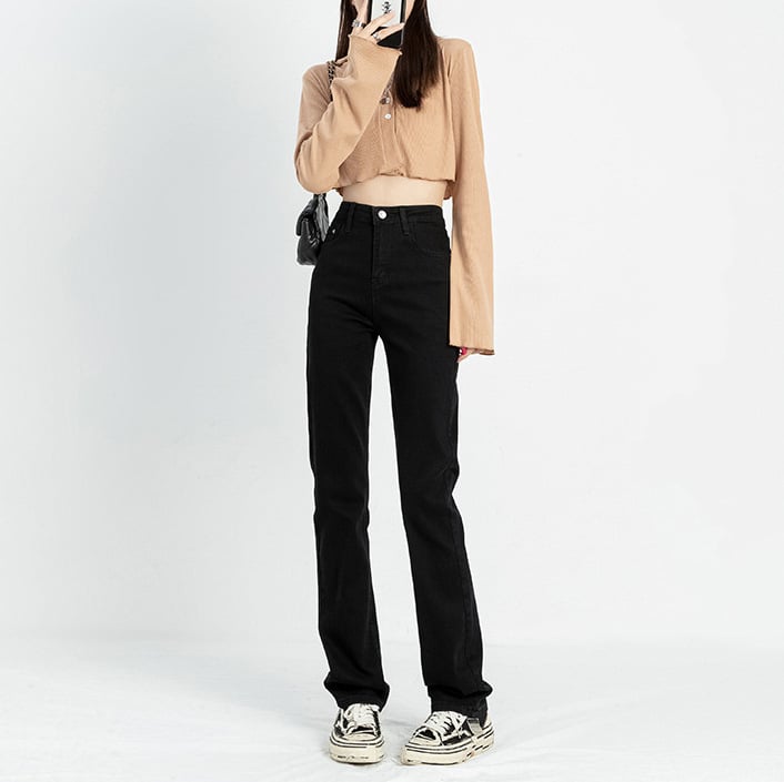 Denim teksad, kõrge vöökoht, sirge lõige, 9/10 pikkus, kõrge elastsus