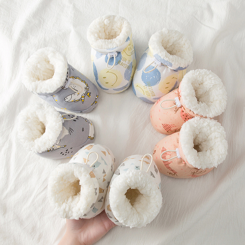 Cipele za učenje hodanja za bebe 1–3 godine, mekani potplat, elastični kaiš, gornji dio od 100% pamuka, karikaturni uzorak, debeli potplat