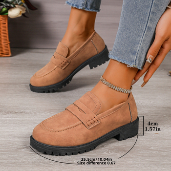 Sieviešu velūra slip-on loaferi ar apaļu purnu, biezu papēdi, gumijas zole